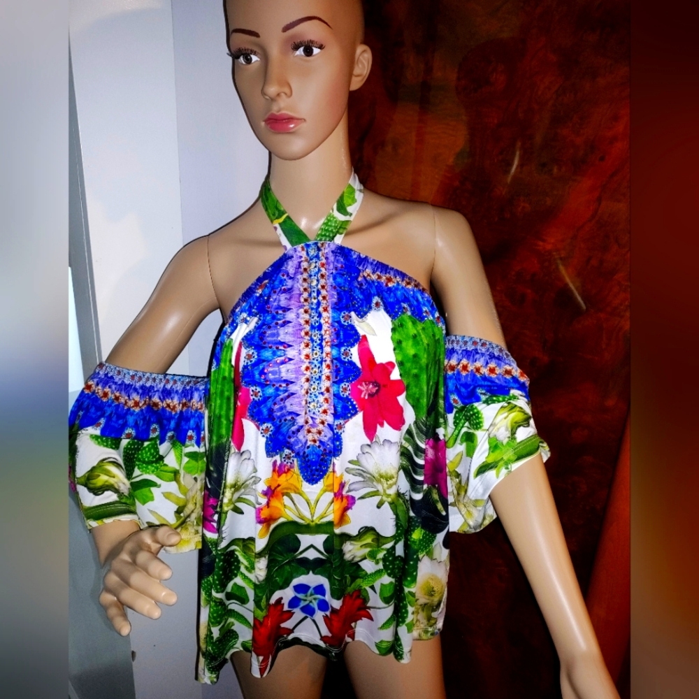VENUS Blue and Green Floral Halter Cold-Shoulder Blouse